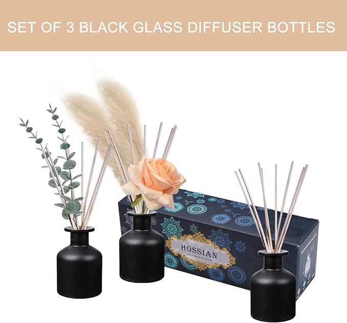 HOSSIAN 150ml/50oz 3PCS Reed Diffuser Bottles,Fragrance Diffuser Empty Bottle with 28pcs Reed Sticks for Home Fragrance Accessories and Women Gift Room,Home,Bathroom Decor (Black)
