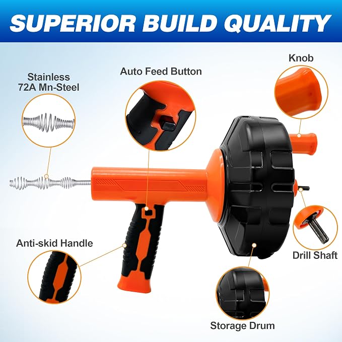 Drain Auger 33Ft, Auto-Feed Drain Clog Remover Plumbing Snake Drain Tools | Drill Adapter for Quickly Unclogging, Long Flexible Drain Snake for Deep Pipe Clogs, Bathroom Shower, Bathtub, Kitchen Sink