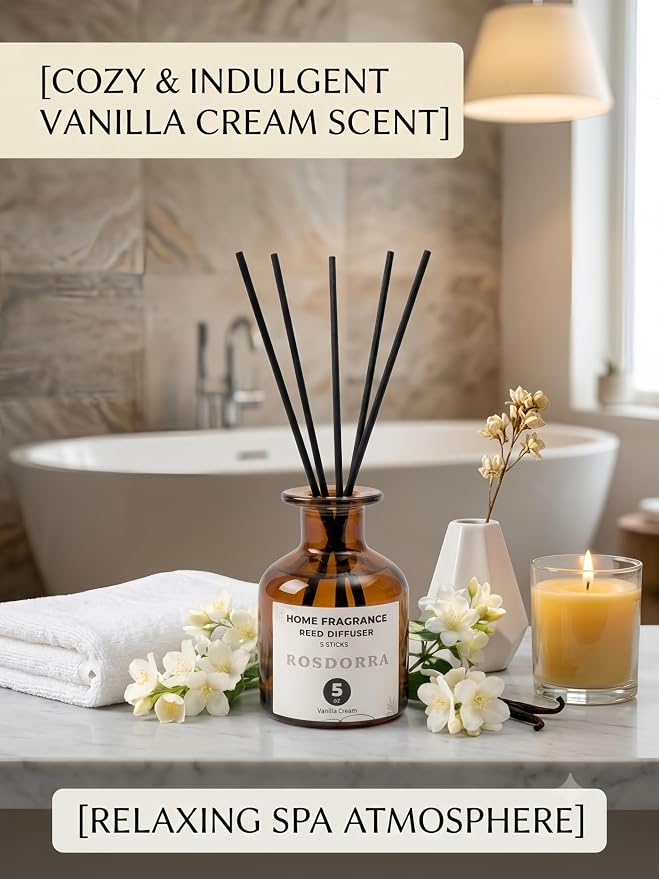 Reed Diffuser Set, 5oz, Vanilla Cream Cozy Scent | Home Fragrance w/5 Fiber Sticks, Rich Vanilla Cream Scent, 90-Day Diffusion, Pet-Safe Home Gift for Bath & Bedroom