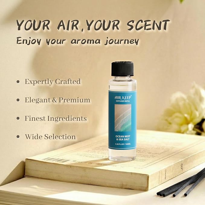Reed Diffuser Set,1.69 fl oz (100 ml) - Ocean Mist&Sea Salt Oil Diffusers with 8 Reed Sticks,Home Fragrance Reed Diffuser for Bathroom Shelf Decor