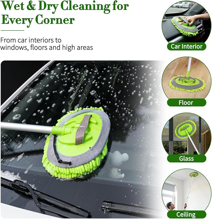 62" Car Wash Brush kit with Long Handle & 3 Scratch-Free Refill Mitt | Chenille Microfiber Car Washing Mop Head, Car Wash Stick, Car Brush Clean Kit, Car Cleaning Supplies for RV Truck Boat, Green