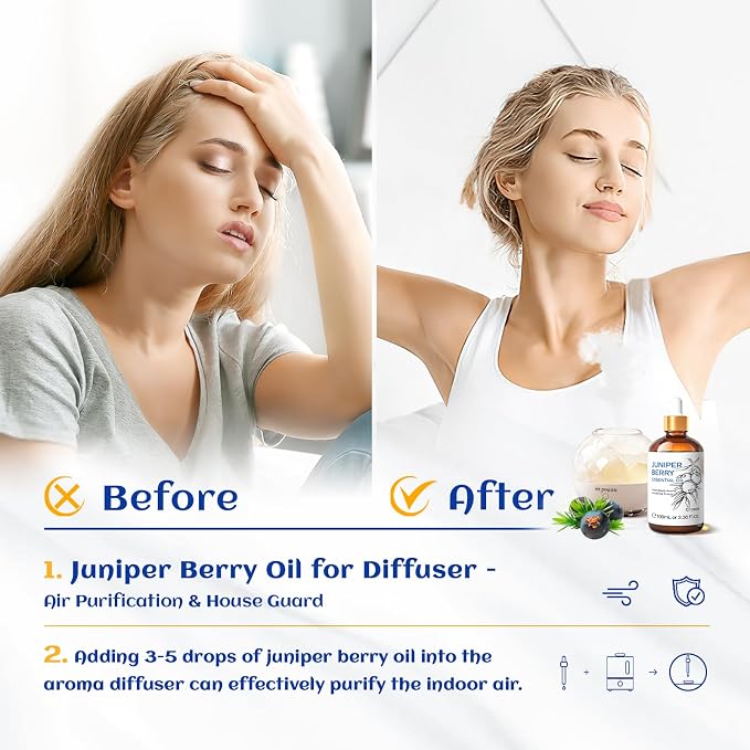 HIQILI Juniper Berry Essential Oil for Aromatherapy,Hair & Skin Care | Brings Long-Lasting Woody Aroma, Calming Relaxation, Versatile DIY & Full Space Odor Elimination -100ml / 3.38 fl oz