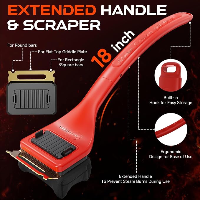 Grill Brush for Outdoor Bristle-Free Steam Cleaning, BBQ Brush Replaceable Kevlar Head with Grill Scraper, Safe Long Handle Barbecue Grill Cleaner