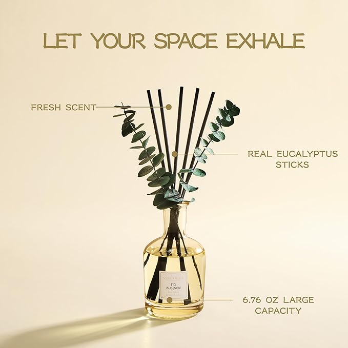 Fig Bloossom Reed Diffuser, 6.76 oz | Real Dried Eucalyptus Leaves, 8 Reeds, Long-Lasting Essential Oil, Home Fragrance, Bedroom or Bathroom Décor