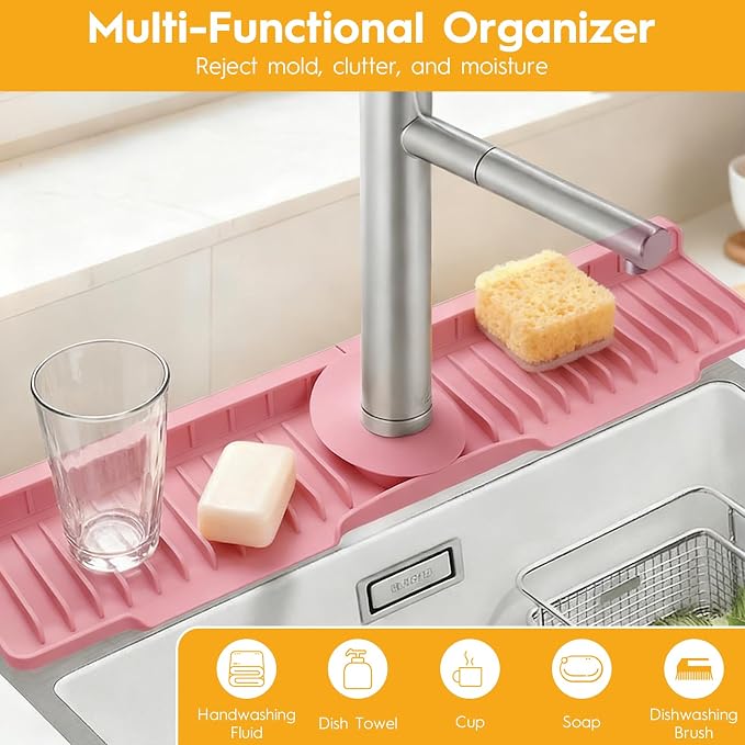 24" Silicone Faucet Mat for Kitchen Sink Released in 2026,8° Slope Fast Self-draining-Kitchen Sink Splash Guard,Bathroom Kitchen Sink Area Water Splash Guard Behind Faucet Draining Mat(Pink)