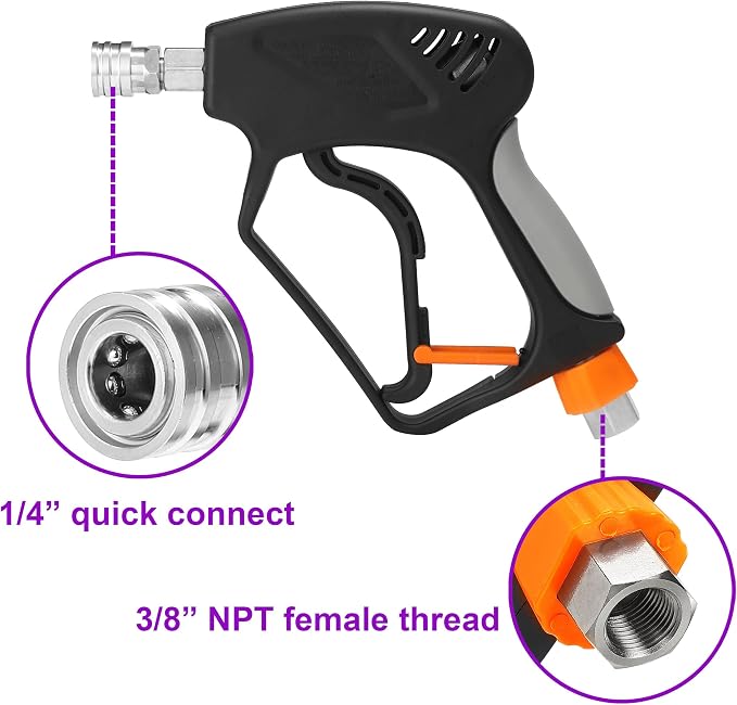 PWACCS Short Pressure Washer Gun with Swivel, 5000 PSI, Black | Power Washer Gun, 3/8" Quick Connector, M22 14mm/15mm Fitting, 5 Nozzle Tips with Holder
