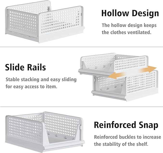 Proarea 5 Pack Stackable Plastic Storage Basket Closet Organizer Bin Foldable Clothes Organizer Storage Drawer Shelf Container for Living room Bathroom Kitchen Office (4L+1S)