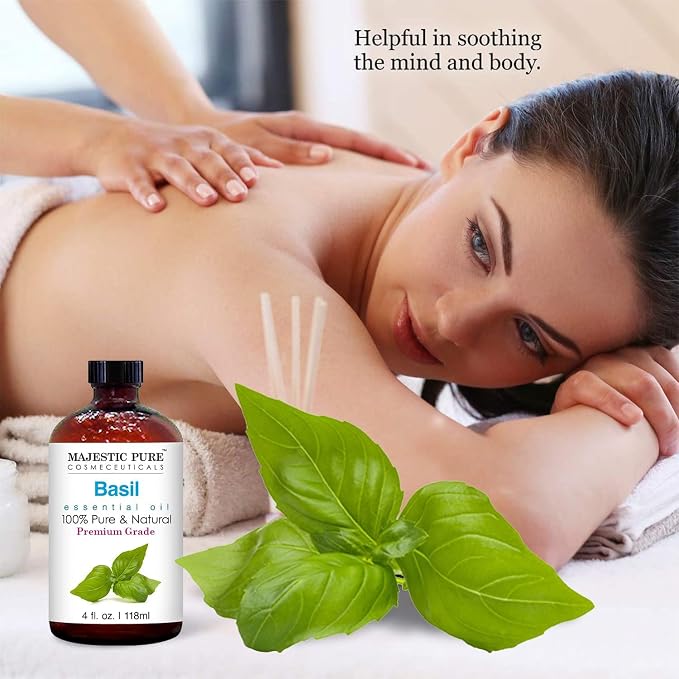 Majestic Pure Basil Essential Oil for Diffuser - 4 Fl Oz | 100% Natural Essentials Oils for home fragrance, diffuser use, massage, DIY candles, DIY soaps, Aromatherapy