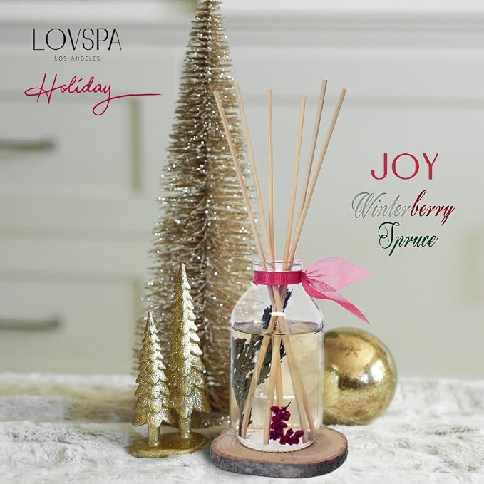 Reed Diffuser Set - Joy Winterberry Spruce Scented Diffuser with Sticks | Holiday Home Fragrance Reed Diffuser for Bedroom, Bathroom Shelf Décor, with Real Botanicals in the Bottle - Made in the USA