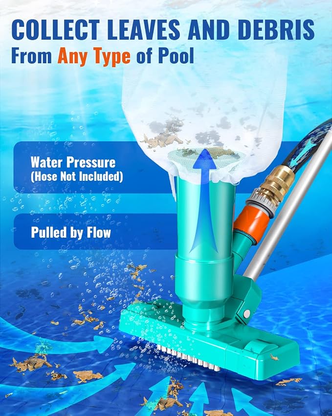 Portable Pool Vacuum for Above Ground/Inground Pool, Pool Cleaner Vacuum with 3 Scrub Brushes, Pool Leaf Vacuum & Nylon Mesh Net, Pool Cleaners for Swimming Spa Fountain Pond Hot Tub, Pure Green