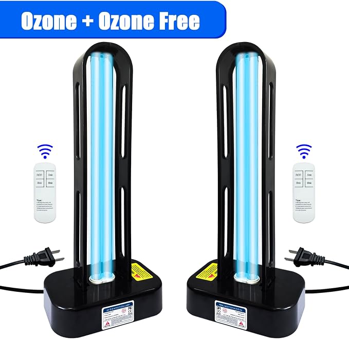 BAIMNOCM 2-Pack 38W Dual-Tube UV Lamp with Ozone & Ozone-Free Bulbs – Automatic Delay Start for Room, Basement, Office, Commercial Use