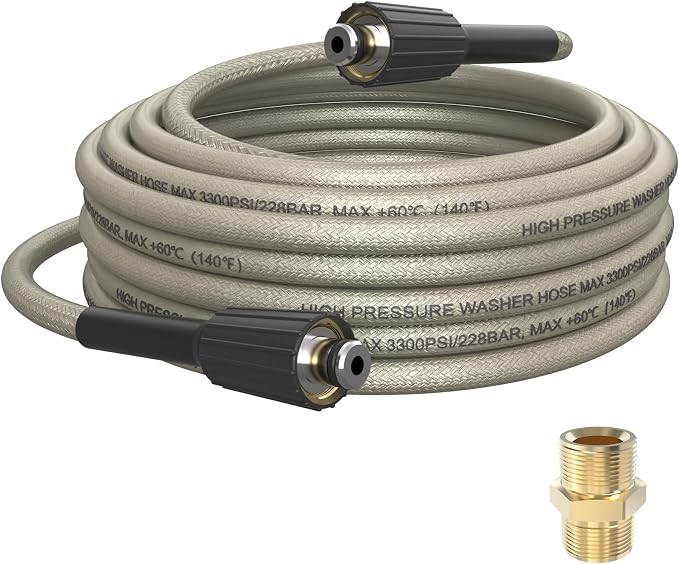 PVC Pressure Washer Hose 25 FT x 1/4", Kink Resistant Power Washer Hose, High Pressure Water Hose Extension Replacement for Home Use with M22-14mm Brass Fittings, 3300 PSI, Gray