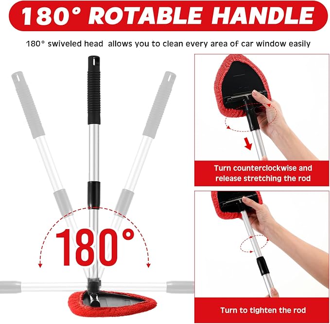 Potchen 8pcs Car Windshield Cleaner Tool with Extendable Handle, Red | with Microfiber Towel Pads, Brush, Empty Spray Bottle, Car Window Cleaner for Auto Glass Wiper Suvs Rvs & Home Windows