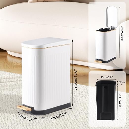 SYNCVIBE Slim Bathroom Trash Can with Soft Close Lid Stainless Steel Garbage Can Step Trash Bin with Removable Inner Bucket for Bedroom, Office, Kitchen (Matt White, 3.5 Gallons)