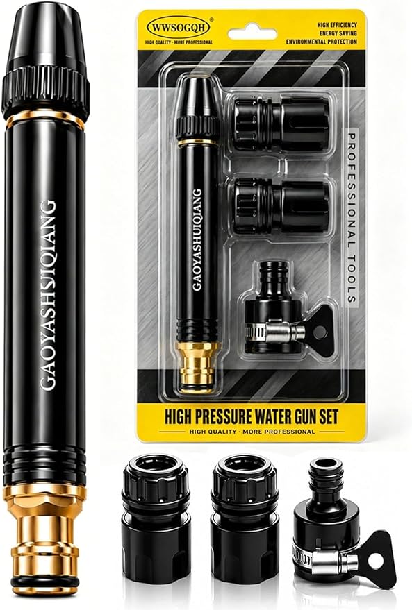 Heavy Duty Adjustable High Pressure Hose Nozzle with Connector Set Power Washer Spray Gun with 3 Spray Modes High Pressure Water Jet Sprayer for Car Wash Yard Patio Garden Outdoor Cleaning(1pc)