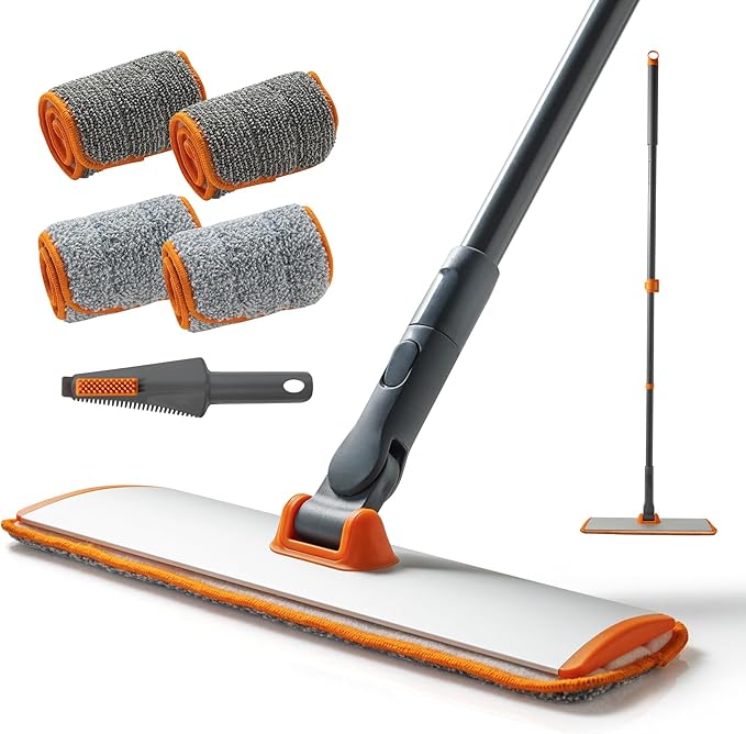 CLEANHOME Flat Mop for Hardwood & Pet Hair, 4 Washable Pads | 4 Reusable Microfiber Pads for Wet/Dry Mopping. 180° Swivel Head & 56" Handle Reaches Under Furniture. Pet Hair Scrubber.