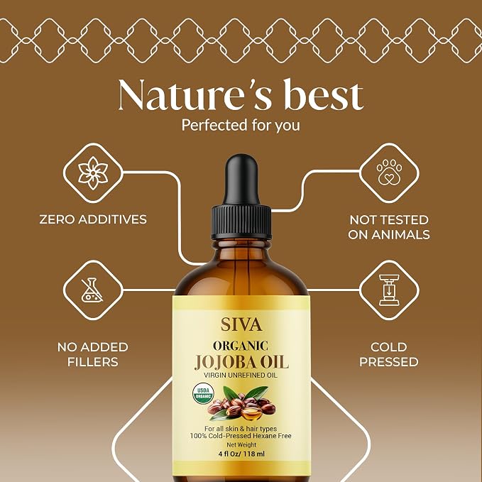 SIVA ORGANICS Jojoba Carrier Oil with Dropper, 4 Fl Oz (118 ml) | Jojoba Oil for Skin Care, Facial Oil, Hair Care, Scalp Massage, Nail Care, Body Massage & DIY Beauty Blends, Glass Bottle