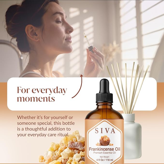 Siva Frankincense Essential Oil with Dropper, 4 Fl Oz (118 ml) | Frankincense Oil for Diffuser, Humidifier, Skin, Body, Perfume, Home Fragrance, Incense, Bath, Soap, Candle & DIY Projects