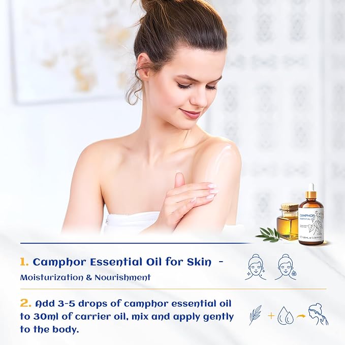 HIQILI Camphor Essential Oil for Aromatherapy, Diffuser, Massage | Skin Care, DIY Blends, Candle & Soap Making, with Dropper & Empty Bottle - 100mL / 3.38 fl oz