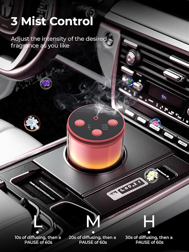 Waterless Essential Oil Diffuser: 𝟗-𝐂𝐨𝐥𝐨𝐫 𝐋𝐄𝐃 Bright Red | Portable Scent Diffuser - No Water No Heat For Pure Aroma - 48H Battery 3 Mist Levels & 4 Timers for Car Office