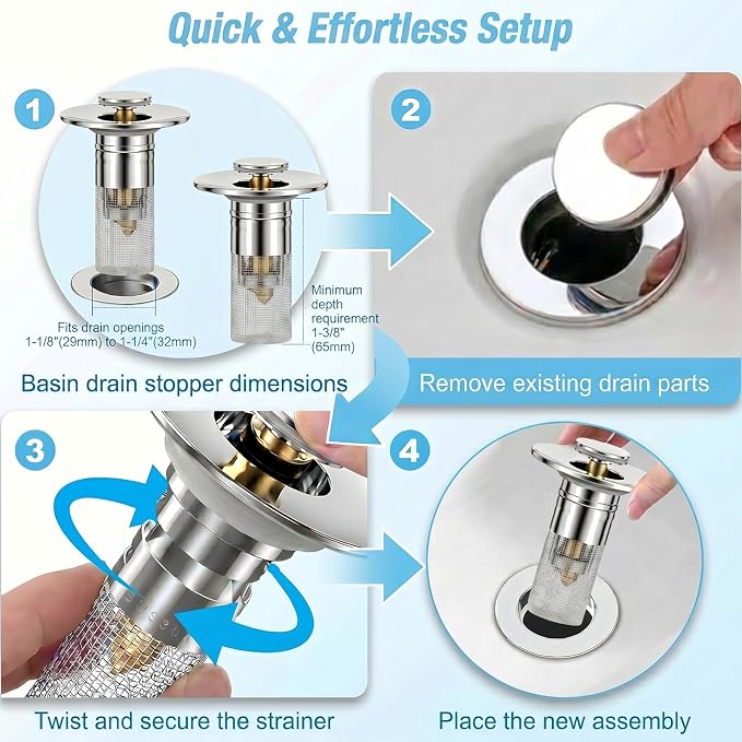 2PCS Bathroom Sink Drain Strainer, Pop-up Stopper Hair Catcher with Stainless Steel Filter Basket, Universal Replacement Drain Plug for Bathroom Sinks