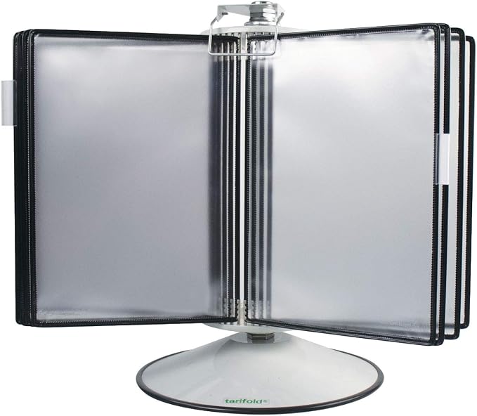 Tarifold Antimicrobial Rotary Desktop System, 50 Pockets, Black | 50 double-sided antimicrobial pockets hold 100 letter-size sheets, 360-degree steel rotary base, black frames