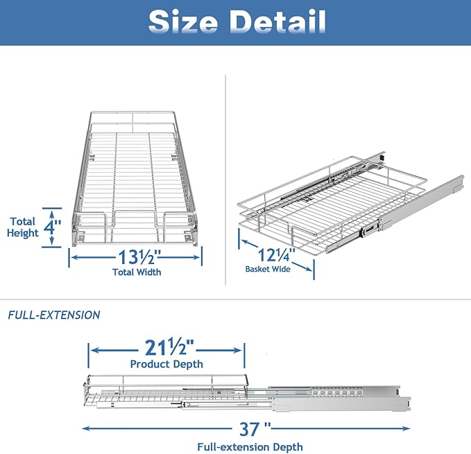 Pull Out Cabinet Organizer 13½" W x 21½" D, Heavy Duty Cabinet Pull Out Shelves, Slide Out Drawers Organization for Kitchen Cabinets Bathroom