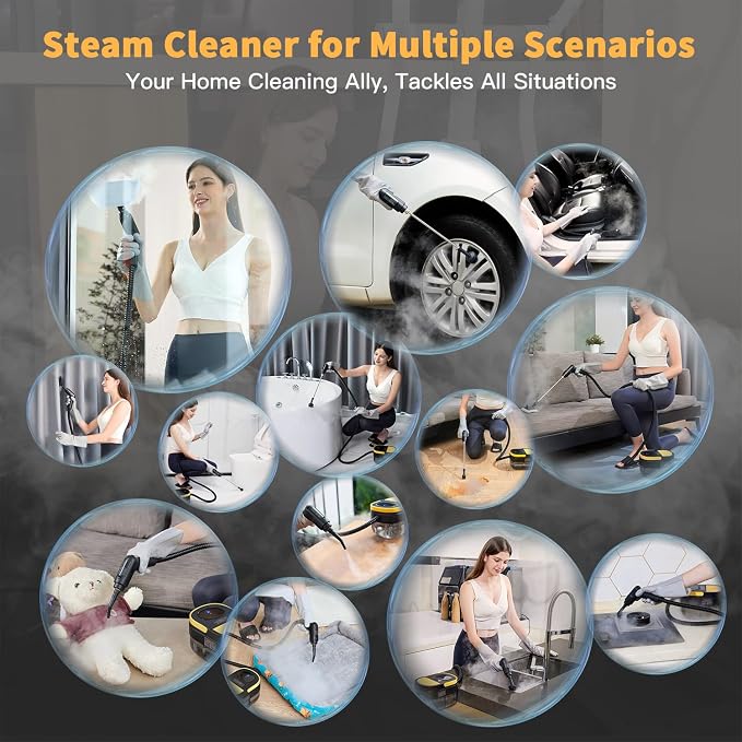 Gautye Steam Cleaner, 3 Level Adjustable Handle Yellow | 1.69 Quarts Tank, 15s Heat Up, Handle Steam Cleaner for Home, Steamer for Cleaning for Kitchen
