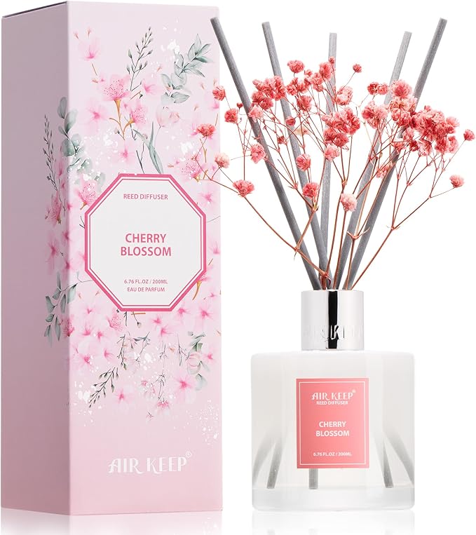 Reed Diffuser Set,6.96 fl oz (200 ml) - Cherry Blossom Oil Diffusers with 8 Reed Sticks, Home Fragrance Reed Diffuser for Bathroom Shelf Decor