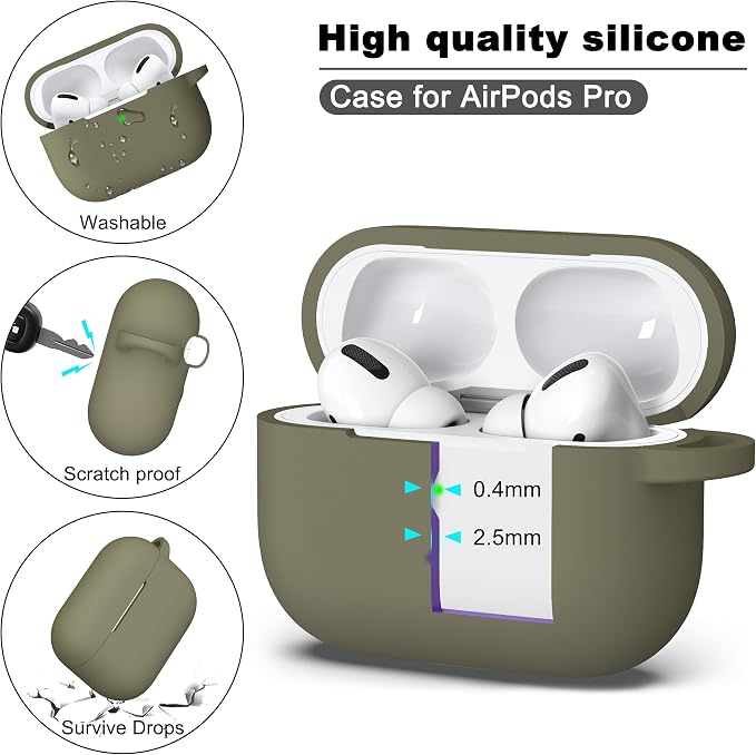 for AirPods Pro 2 Case, Soft Silicone Protective Cover with Keychain and Cleaning Pen, Compatible with AirPods Pro 2nd/1st Generation, Supports Wireless Charging, Olive Green