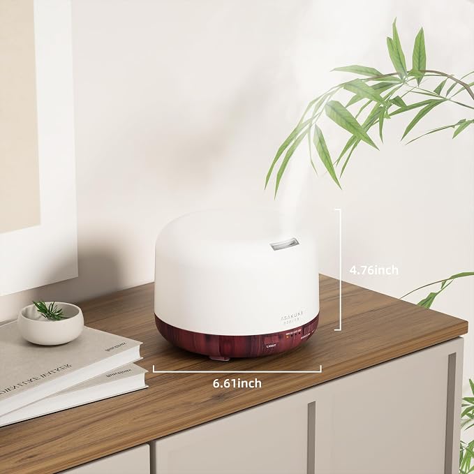 ASAKUKI Essential Oil Diffuser for Home, 500ML Aromatherapy Humidifier | with Remote Control, 7 Color LED Lights, Quiet Cool Mist Diffuser for Bedroom, Living Room, Office (Reddish-Brown)