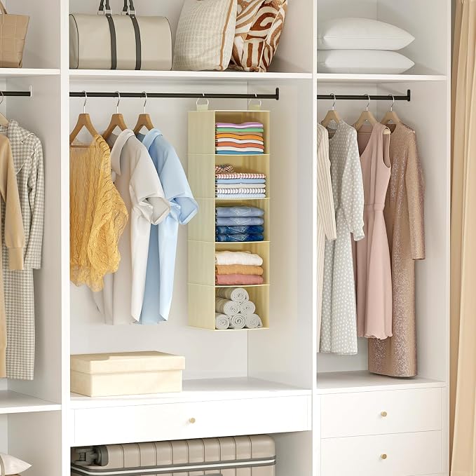 Lifewit 5 Tier Hanging Portable Closet Storage Organizer for Shelves, Beige | Foldable Clothes Shelf with 2 Sturdy Hooks, Sweater/Coat/Shoes Clothing Organization for Wardrobe, Dorm, Bedroom