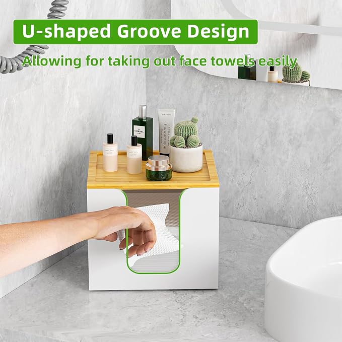 VITVITI Disposable Face Towel Holder for Clean Skin Club, Acrylic Box White | XL Face Towels Holder Container, Facial Towel Storage with Bamboo Lid, for Bathroom, Vanity Makeup