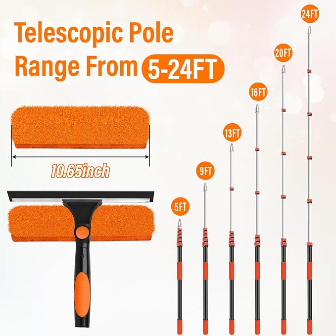 30FT Telescoping Window Squeegee Kit | 2-in-1 Window Washer & Microfiber Scrubber with Extension Pole | High Reach Cleaning Tool for Outdoor, Indoor Windows & Glass