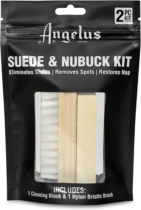 Angelus Suede & Nubuck Cleaner Kit - 1 Cleaning Eraser Block and 1 Nylon Bristle Brush - Eliminates Stains, Removes Spots, Restores Nap - for Leather Suede Shoe, Handbags, Jackets, Boots, Furniture