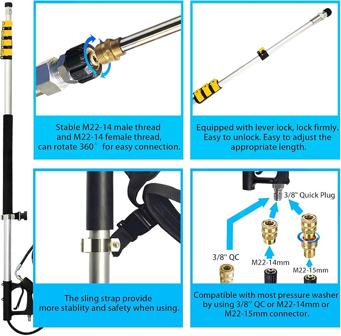24FT Aluminum Telescoping Pressure Washer Wand with Power Washer Extension Wand, Gutter Cleaner Attachment, Brush Head, 7 Spray Nozzle Tips, Hose Inlet Adapters and Support Harness