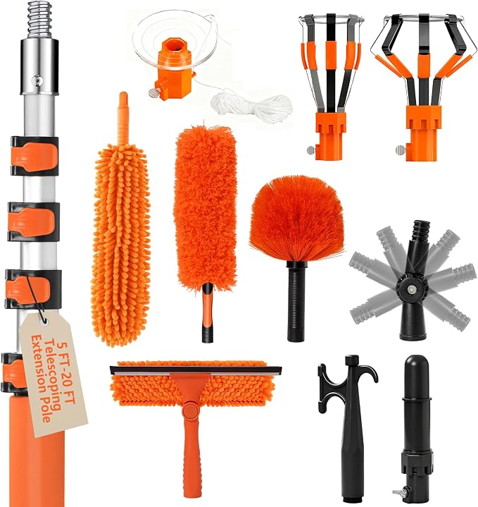 26FT Light Bulb Changer Kit with Ceiling Fan Cleaner Extension Pole Orange | Telescoping Lightbulb Changing Pole,Cobweb Brush Extendable Duster,Spider Web Brush and Window Squeegee Cleaning