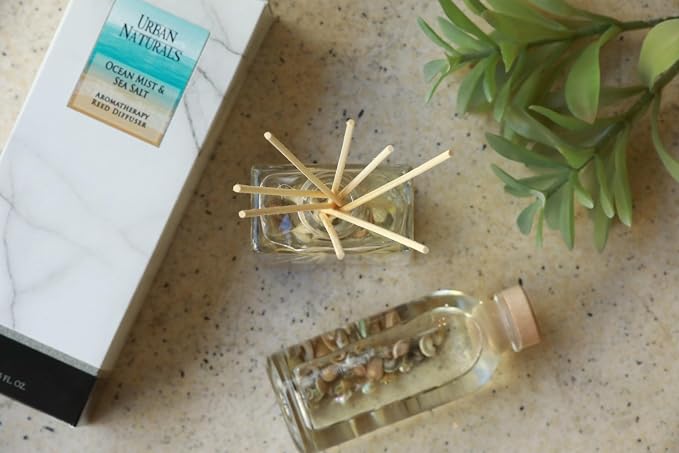 Reed Diffuser Set, Ocean Mist & Sea Salt - Bathroom Décor | Made with Essential Oils & Real Seashells, Decorative Air Freshener Room Diffuser