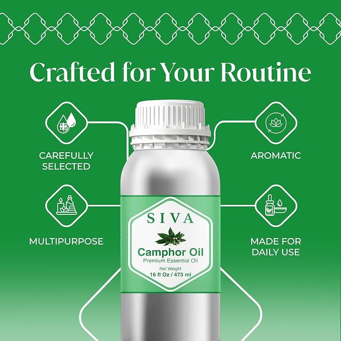Siva Camphor Essential Oil, Huge Bottle, Large Size, 16 Fl Oz (473 ml) | Camphor Oil for Diffuser, Humidifier, Steam, Spray, Body Massage, Hair, Skin, Soap Making, Candle Making & DIY Blending