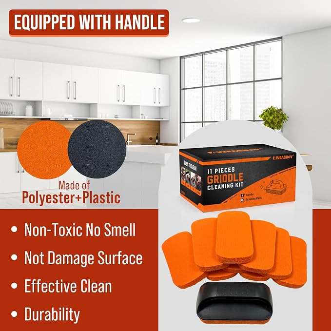 Griddle Cleaning Kit for Blackstone, Non-Scratch Scouring Pads for Kitchen | 10 Scrubber Pads and 2 Handles