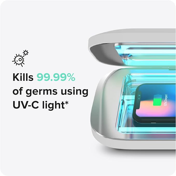 PhoneSoap Pro UV Smart Phone Sanitizer & Universal Cell Phone Charger Box | Patented & Clinically Proven 360-Degree UV-C Disinfection | Disinfects and Charges All Phones (White)