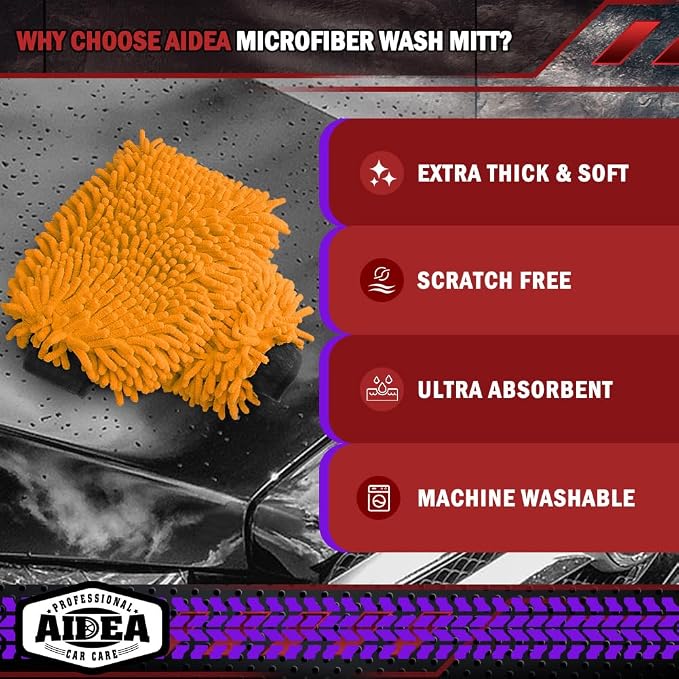 AIDEA Car Wash Mitt Microfiber, 2PK, Car Wash Brush, Orange, 8''X12'' | Scratch Free Lint-Free, Premium Chenille Microfiber Mitt, Cleaning Supplies, Extra Large Size