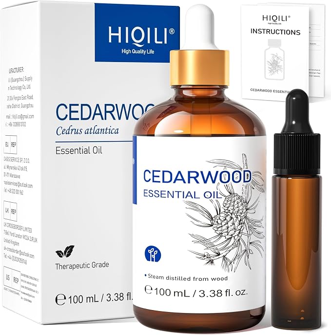 HIQILI Cedarwood Essential Oil for Skin Care, Diffuser & Home Protection | For Massage Skin Care Soap Bath Bombs Lotions Boost Scalp Circulation Reduce Hair Loss Fade Acne Marks - 100mL / 3.38 fl.oz