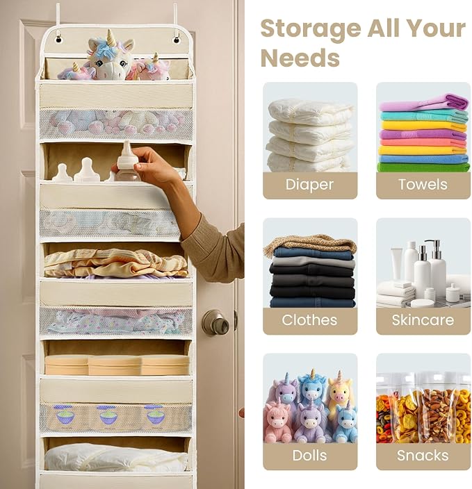 Over the Door Organizer with 10 Side Mesh Pockets,6 Shelf | 4 Shelf Capacity Hanging Behind the Door Kitchen Organizers&Storage Suitable for Storing Toys, Shoes, Towels, Lvoy White
