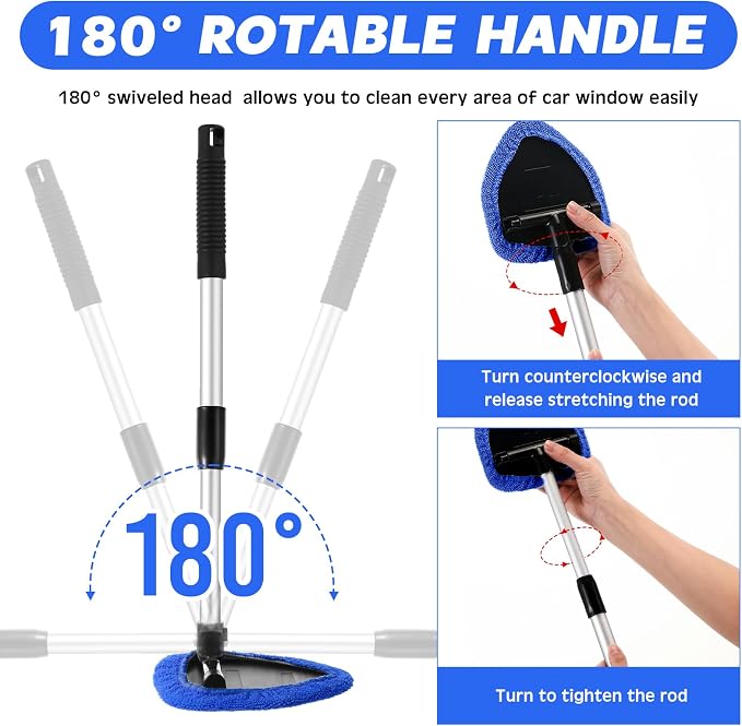 Potchen 8pcs Car Windshield Cleaner Tool with Extendable Handle, Blue | with Microfiber Towel Pads, Brush, Empty Spray Bottle, Car Window Cleaner for Auto Glass Wiper Suvs Rvs & Home Windows