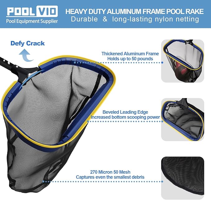 Poolvio 5-in-1 Pool Cleaning Kit - Includes Semi-Deep Skimmer Net, Aluminum Leaf Rake, 20' Pool Brush with 13ft Adjustable Pole
