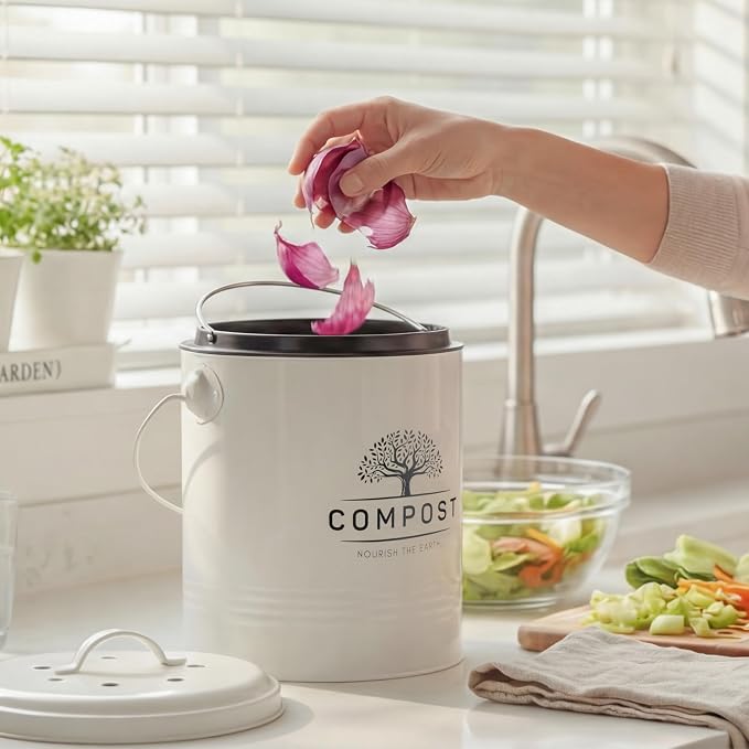 Perfnique 1.3 Gal Kitchen Compost Bin with Lid, Countertop Compost Caddy | Indoor compost bucket with inner bucket liner and carbon filter, compact food waste bin, farmhouse kitchen decor