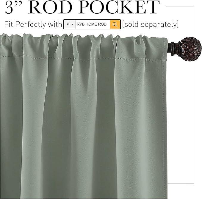 RYB HOME Bedroom Curtains Blackout - Light Block Energy Efficiency Small Window Treatment Drapes for Kitchen Dining Baby Nursery Morden Decor, W 42 x L 63 inch, Sea Green, 2 Panels
