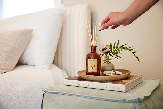 Craft & Kin Oud Wood Reed Diffuser – 5.75 oz Essential Oil Diffuser for Home & Bathroom – Up to 120-Day Fragrance with 8 Rattan Scent Sticks – Amber Glass Room Decor