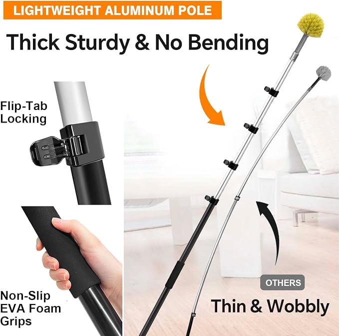 5-in-1 20Ft 4-Stage Telescoping Extension Pole Kit for Cleaning | Feather Dusters with Bristles for Outdoor Indoor, 4-Stage Spider Web Remover with Telescopic Pole for Ceiling Wall Yellow